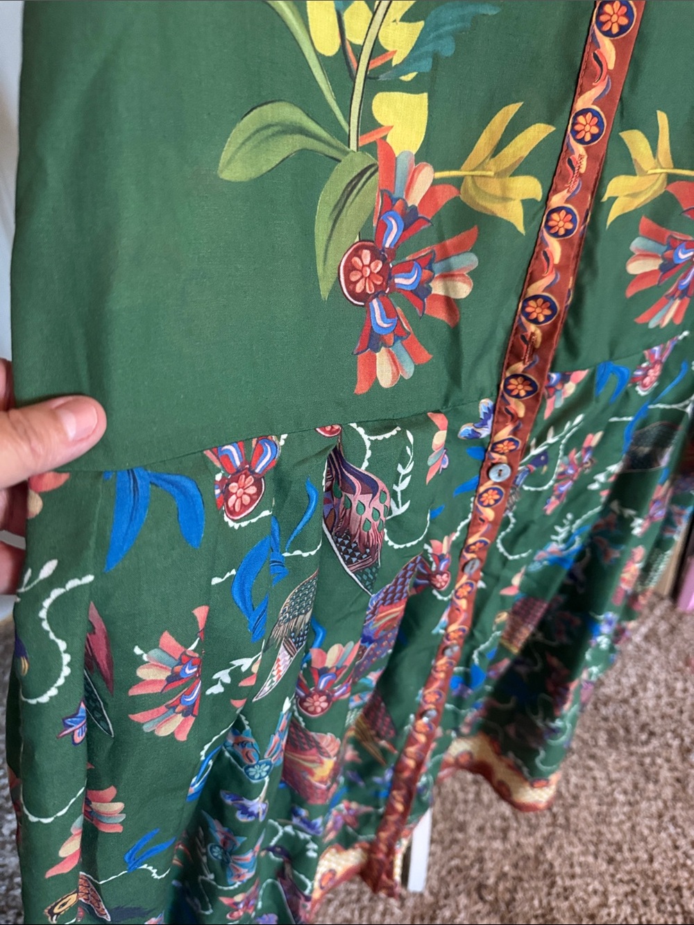 NWOT Beulah Green Button-Front Dress Bird Floral Motif SZ M pit2pit 19” 48” - Picture 6 of 10